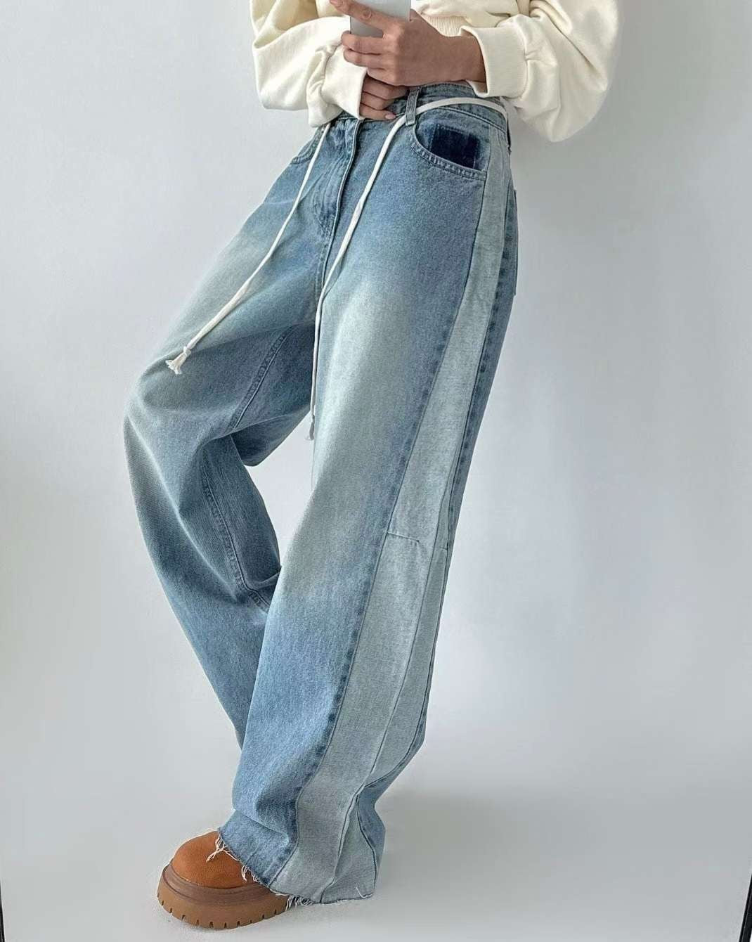 深淺併色直腳寬鬆白繩牛仔褲 ( S/M/L )