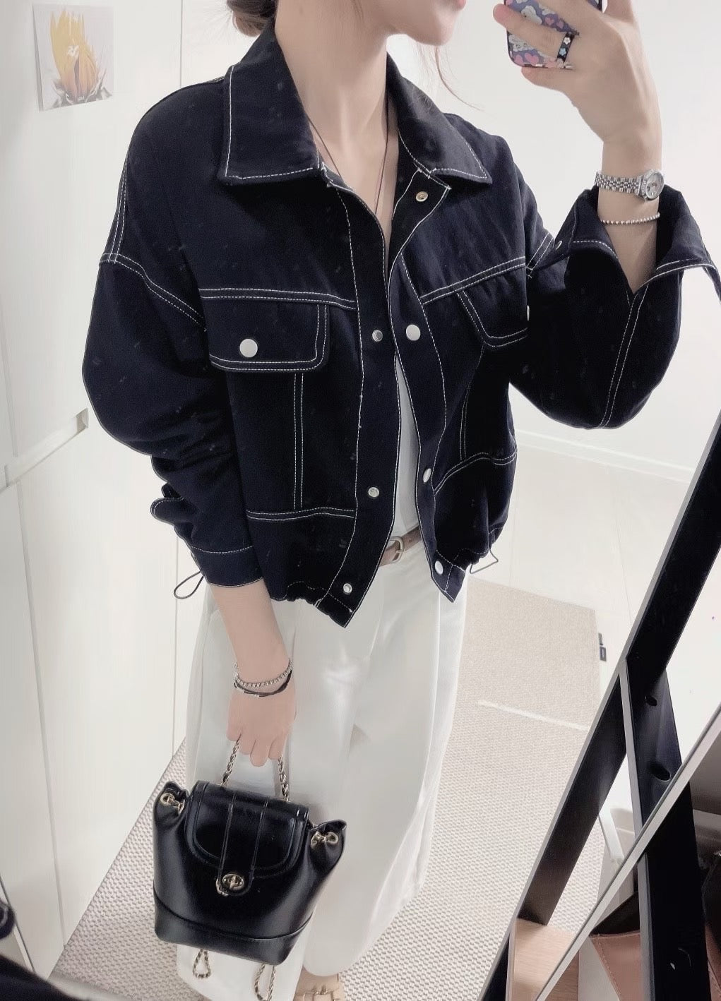 明線薄斜布外套 ( 黑/米 )