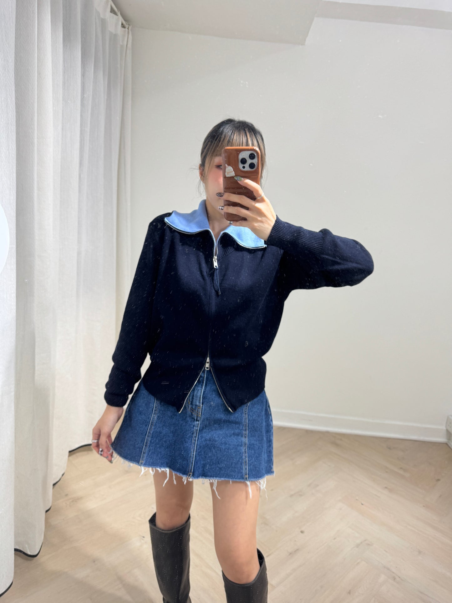 併色反領拉鍊上衣外套 ( 米白/深藍 )