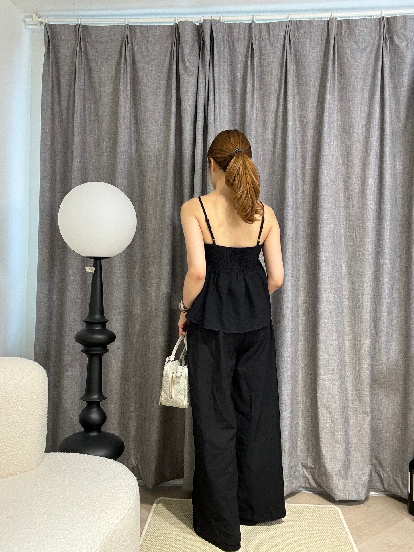 挺棉麻背心長褲套裝 ( 黑/米白 )