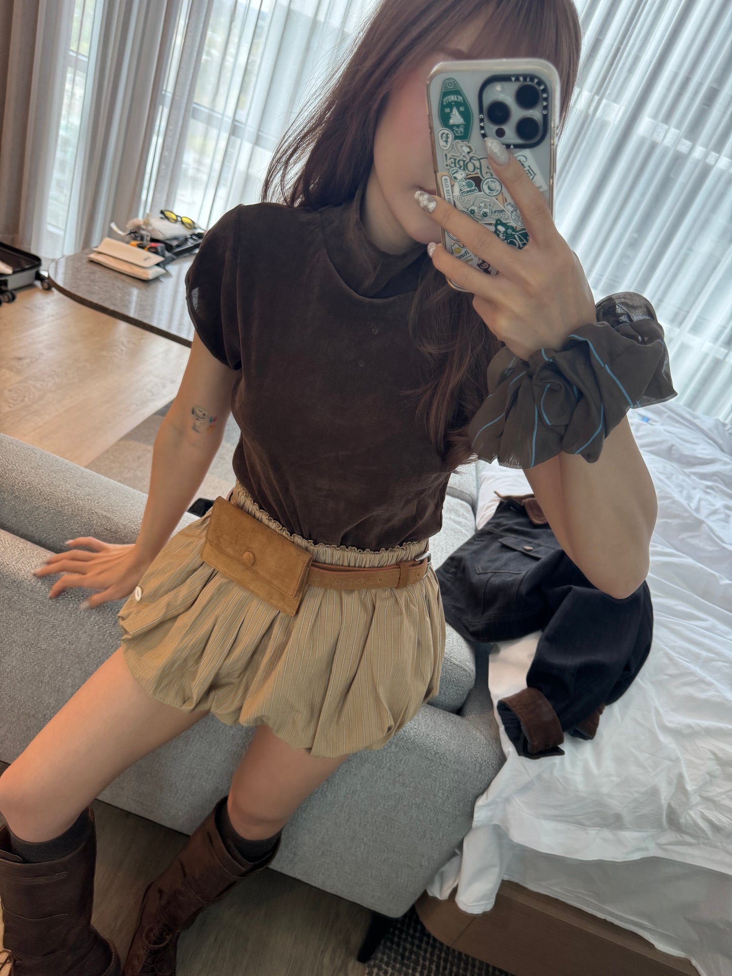 牛麂腰包真皮皮帶 ( 杏/黑 )