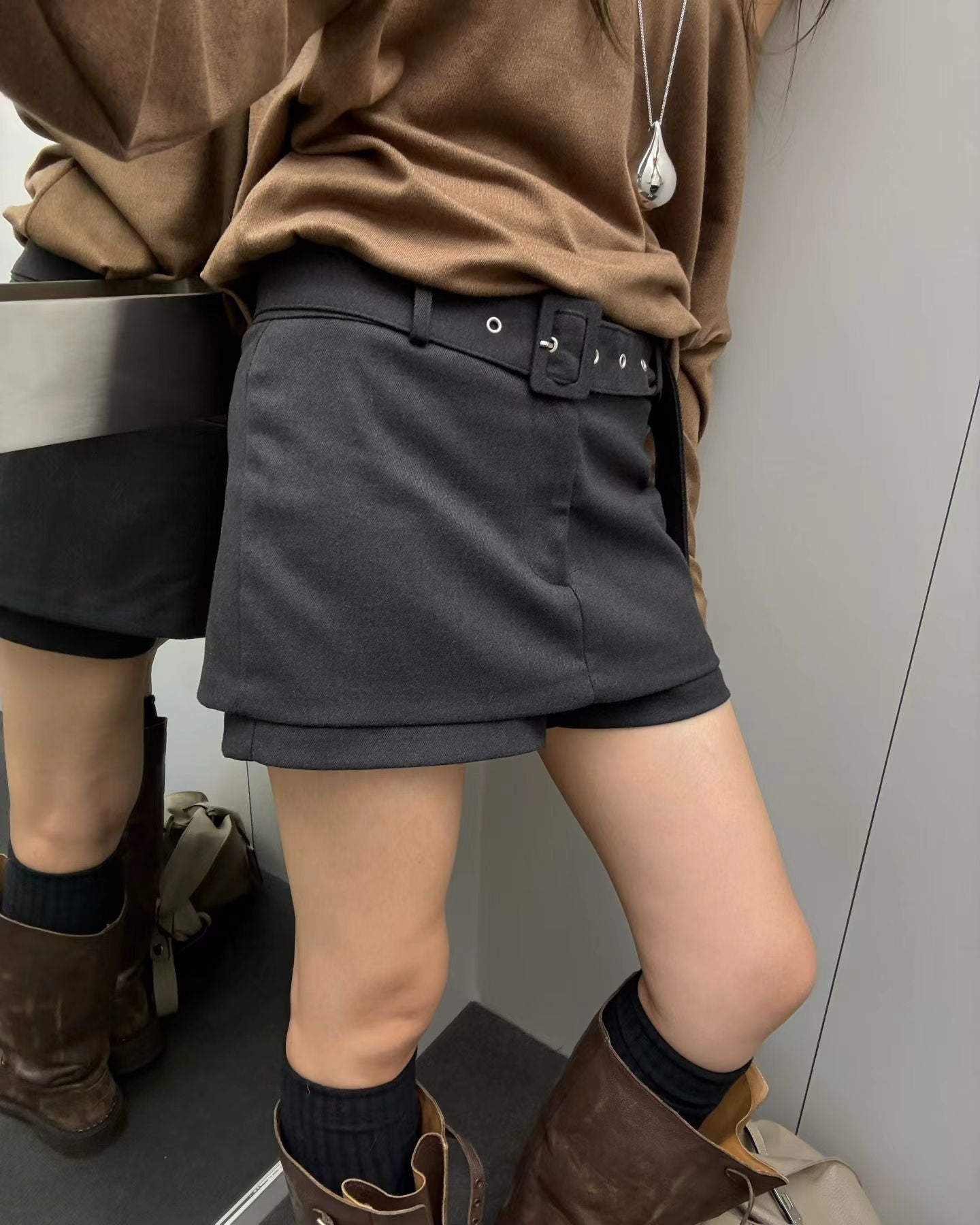 連腰帶絨面裙褲 ( 深灰/深啡 )