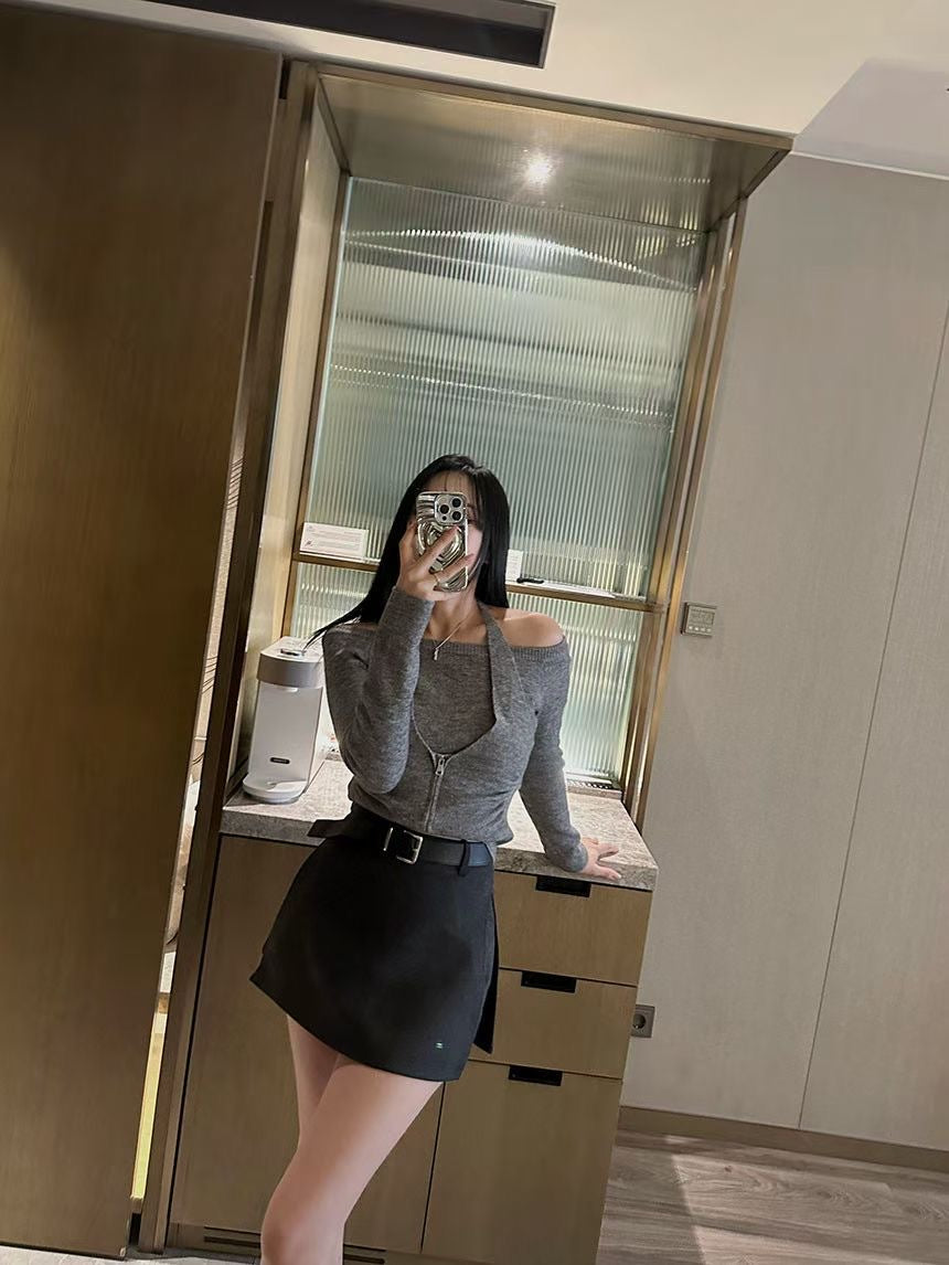 掛頸假兩件尖腳上衣 ( 黑/白/杏/灰 )