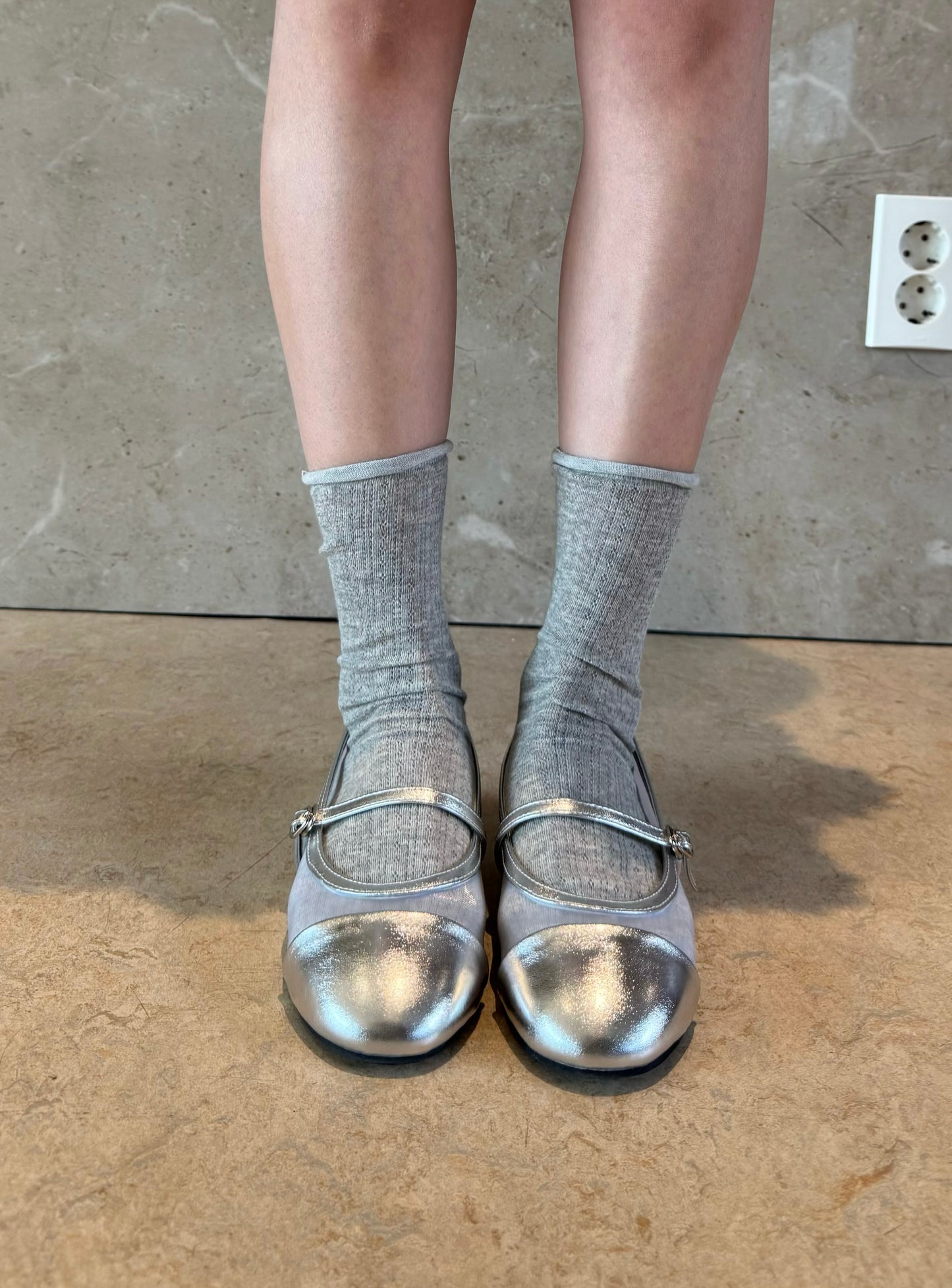 網網皮圓頭MARYJANE鞋 ( 銀/黑 )