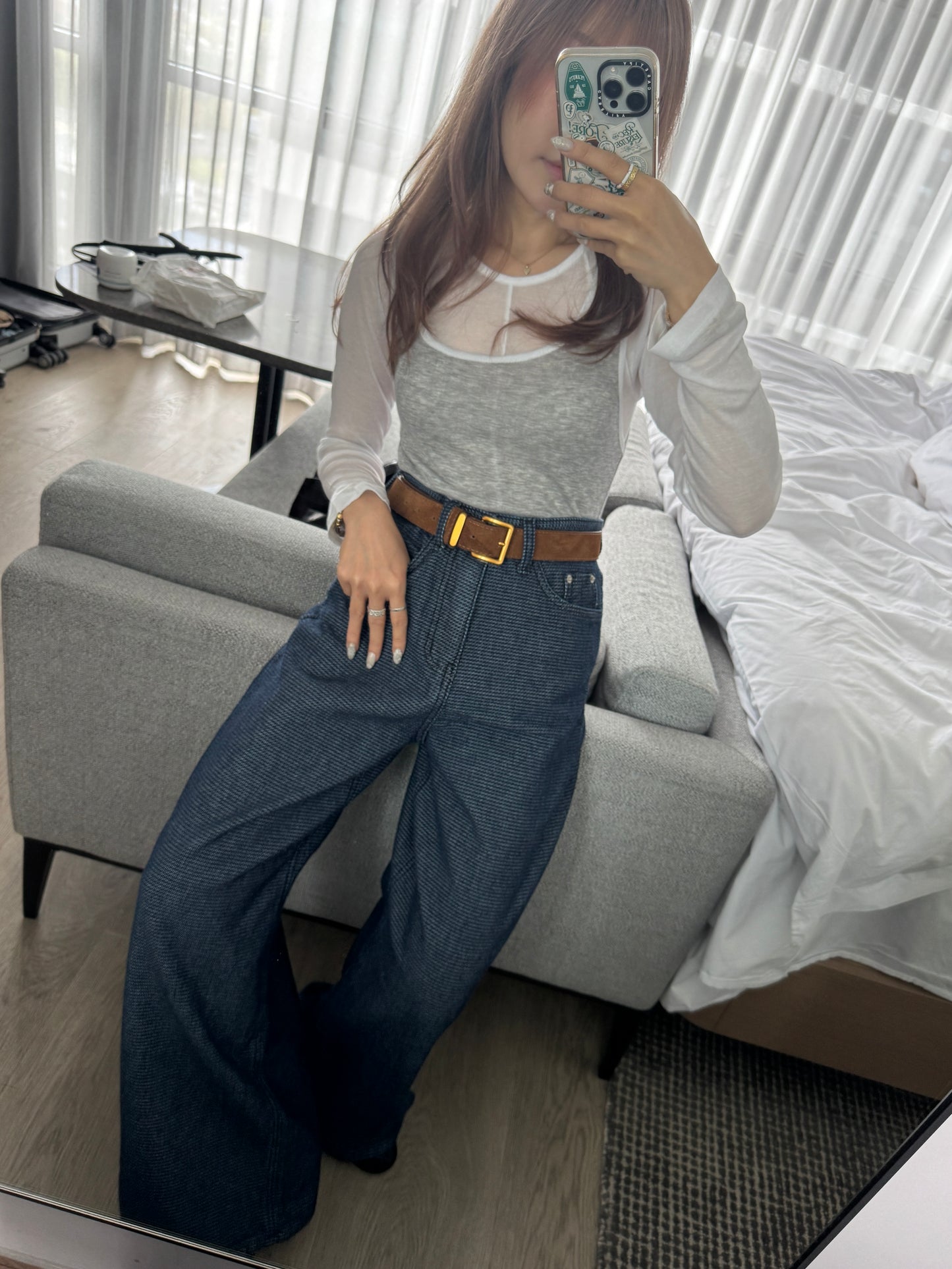 壓花紋深藍長牛仔褲 ( S/M/L )