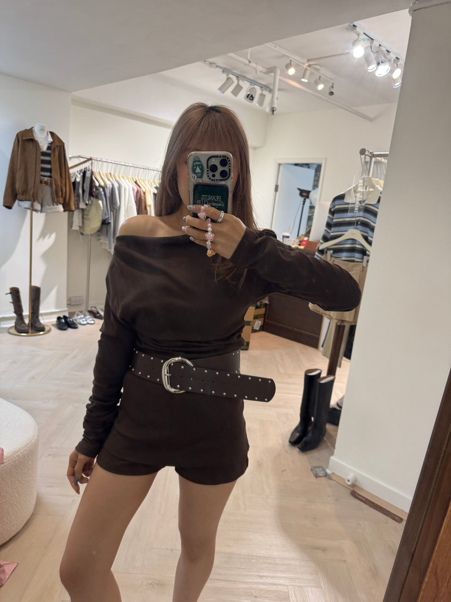 連皮帶棉質上衣 + 裙褲套裝 ( 黑/深啡 )