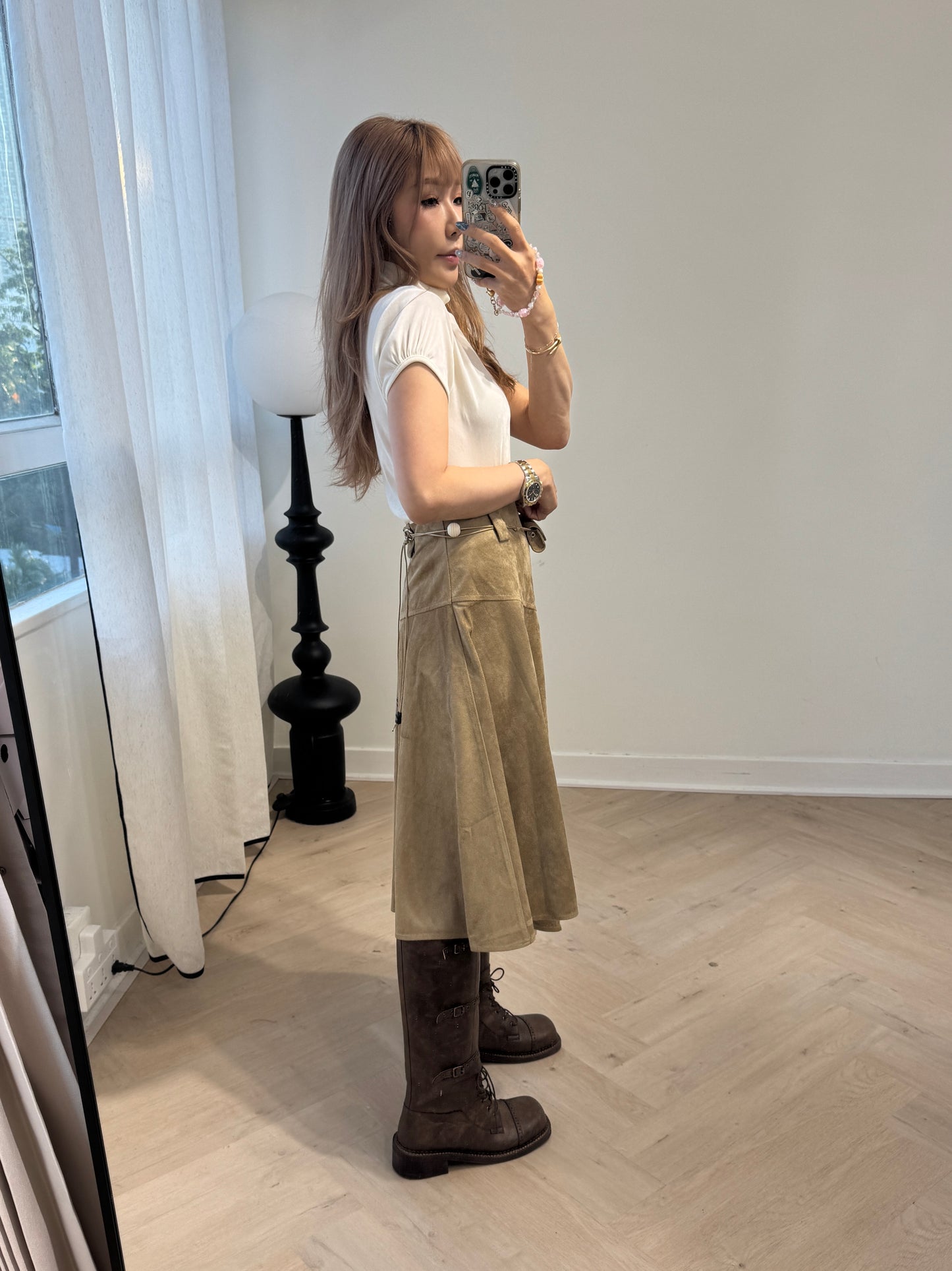 麂布連腰繩不規則長裙 ( 深啡/淺啡 )