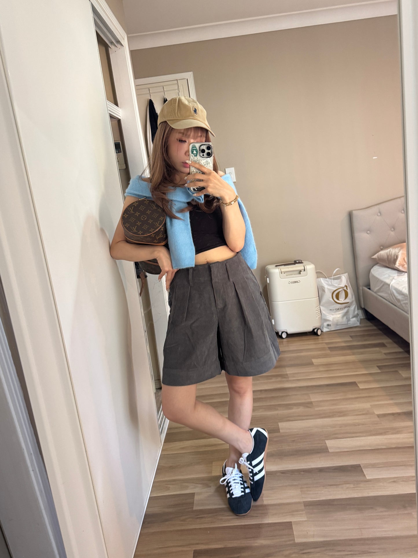 燈芯絨可反摺短褲 ( 米杏/深灰 )