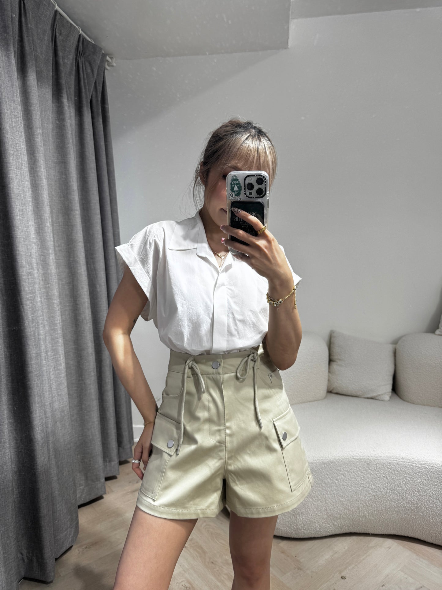 索繩口袋短褲 ( 白/杏 )