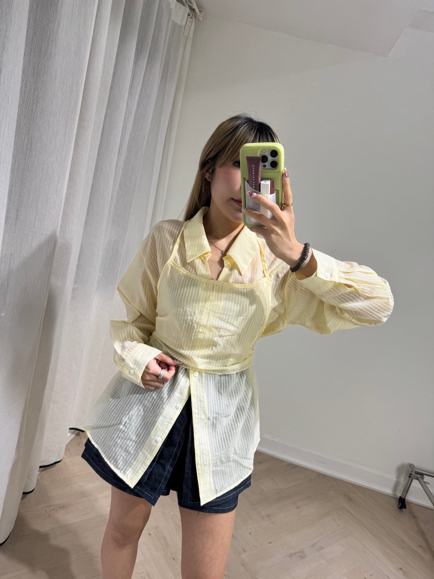 透薄條子恤衫套裝 ( 白/黃/藍 )