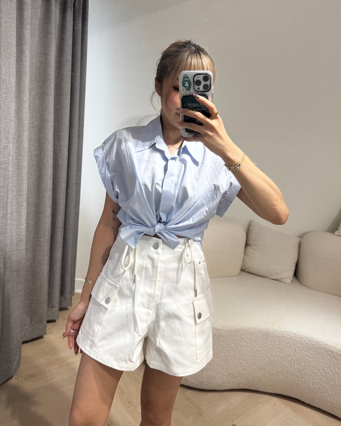 索繩口袋短褲 ( 白/杏 )