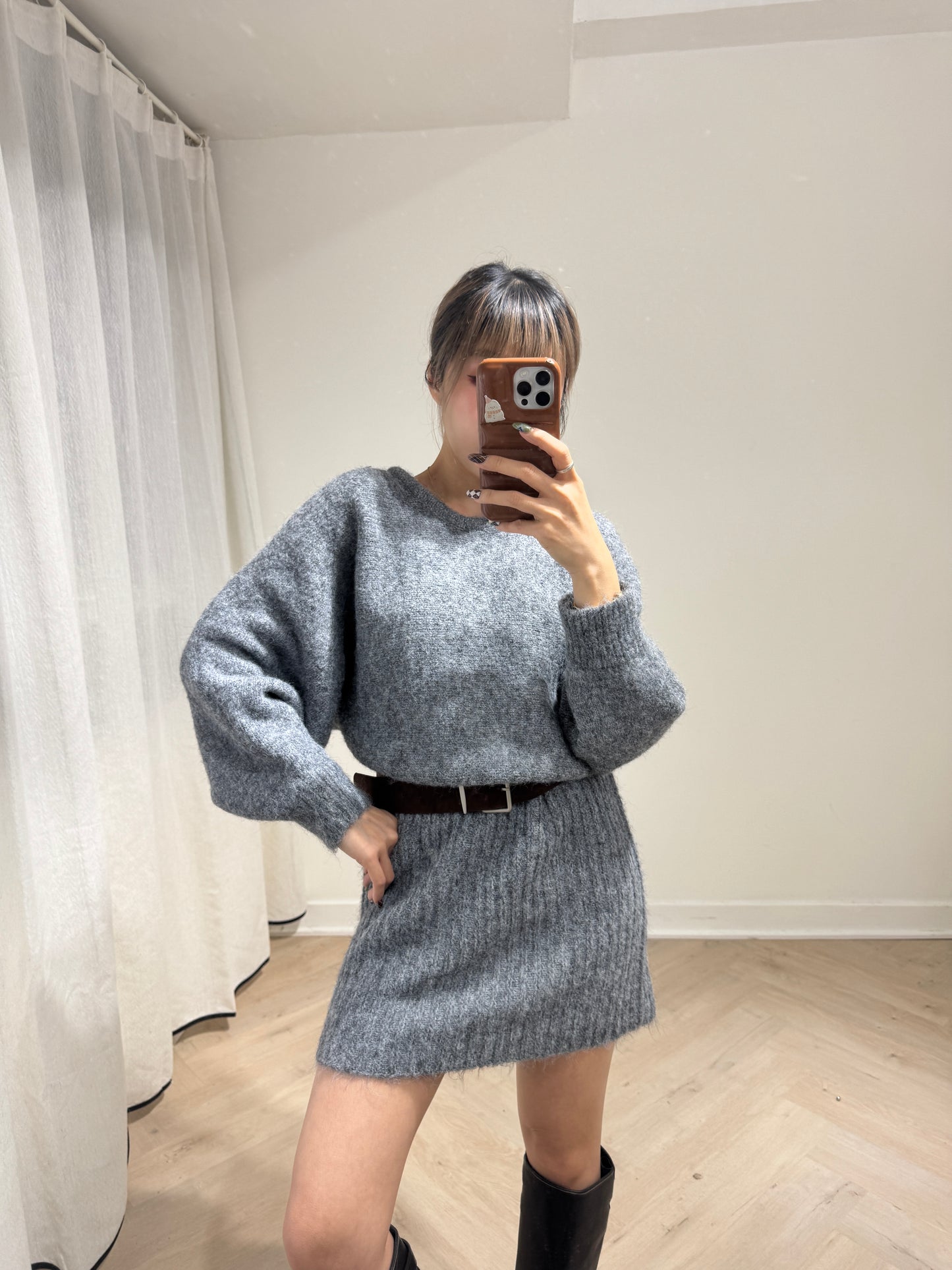 連皮帶冷線連衣裙 ( 灰/米白/啡 )