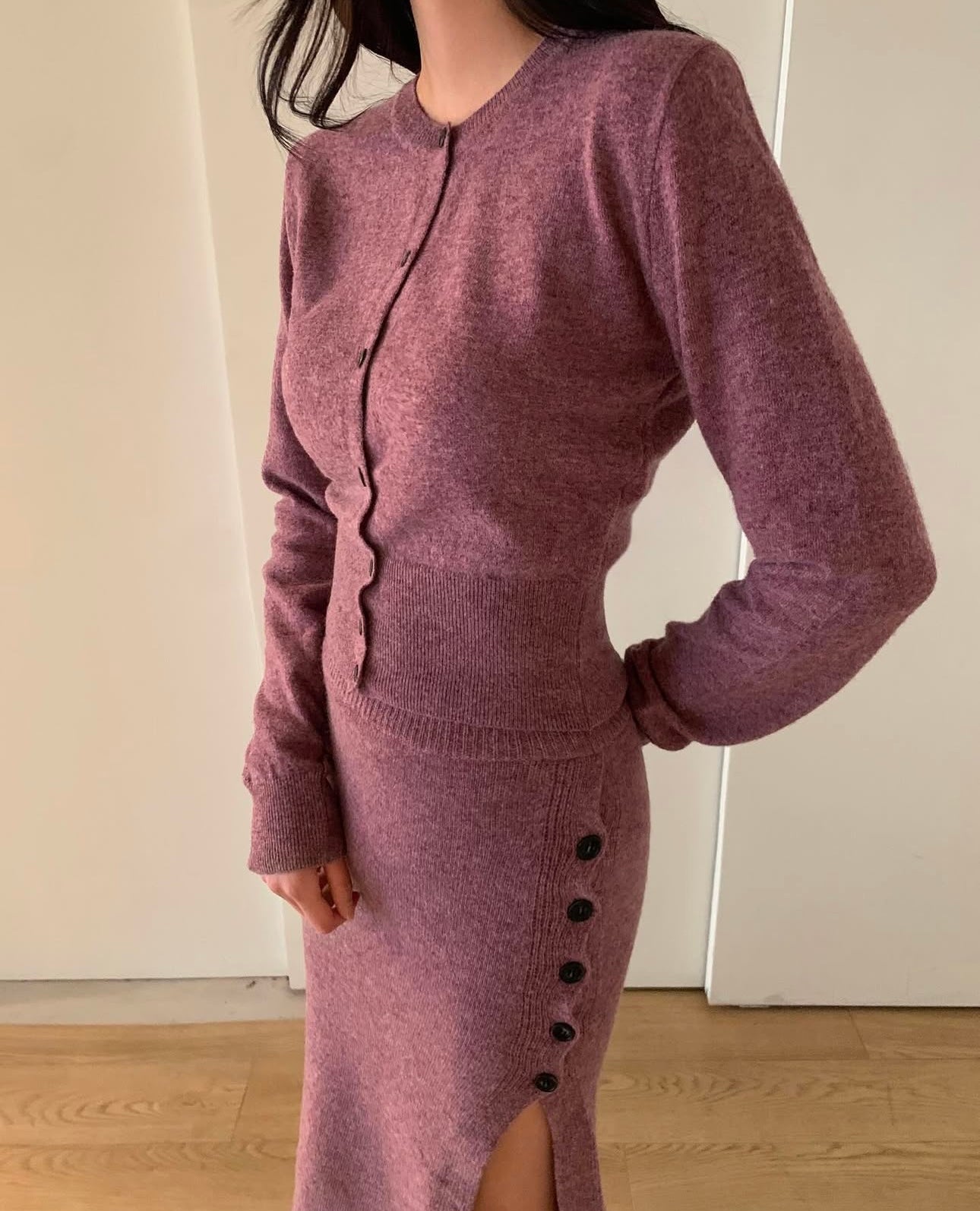 羊毛料開鈕鉛筆裙 ( 啡/紫 )