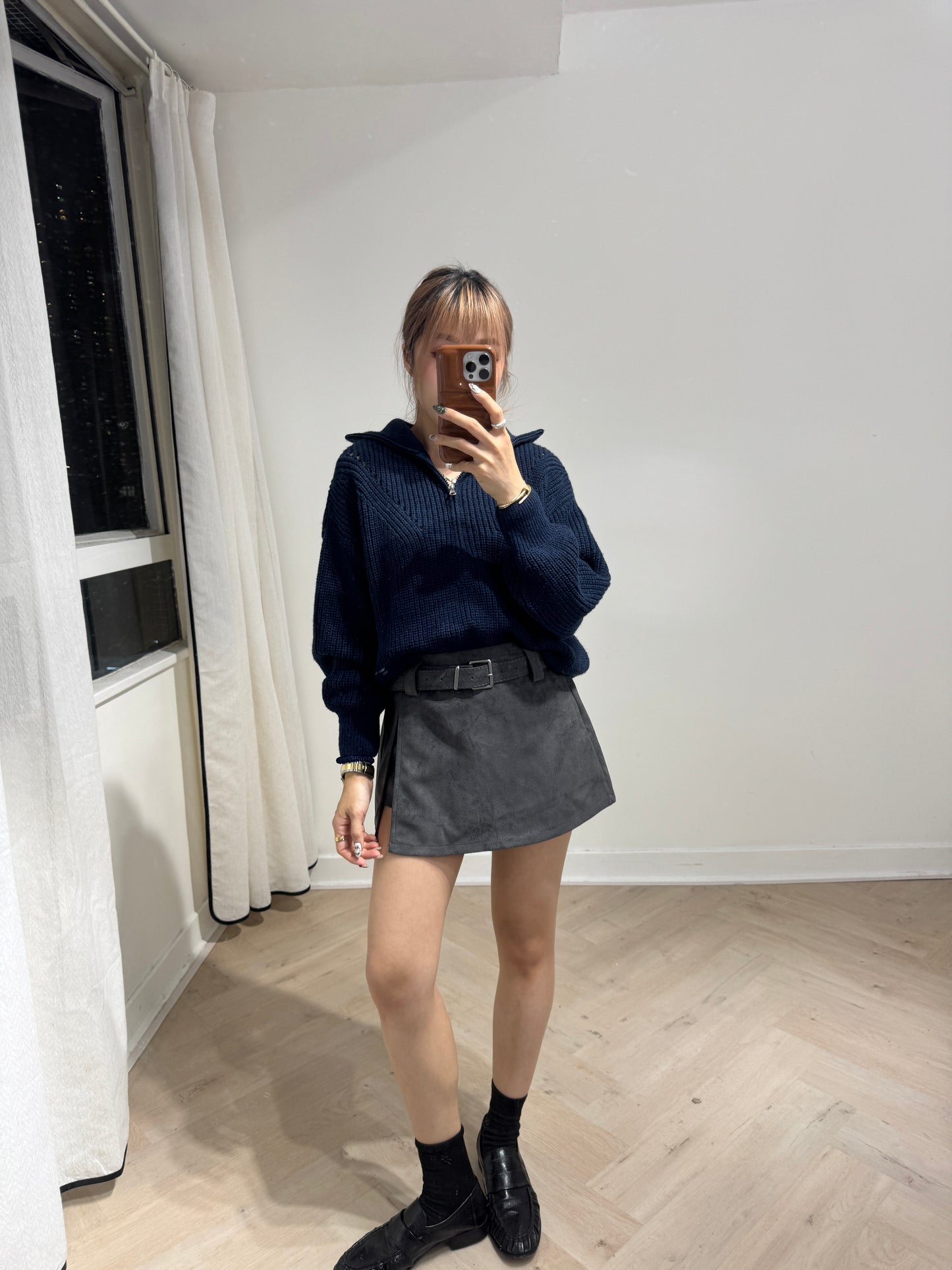 連BELT麂布開叉裙褲 ( 灰/啡 )