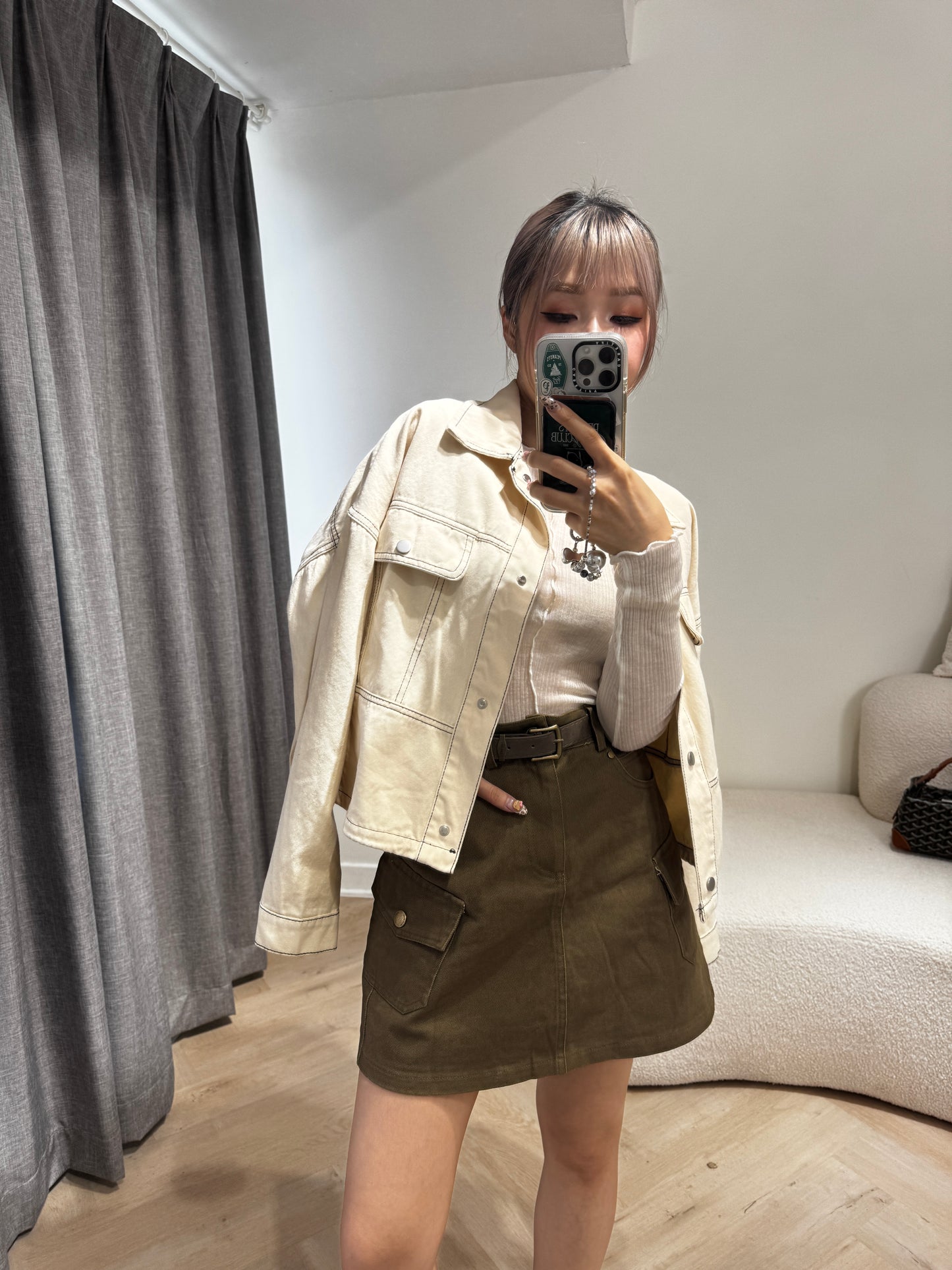 明線薄斜布外套 ( 黑/米 )