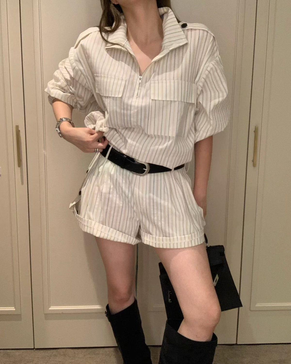 直紋反摺短褲 ( 杏/藍/啡 )