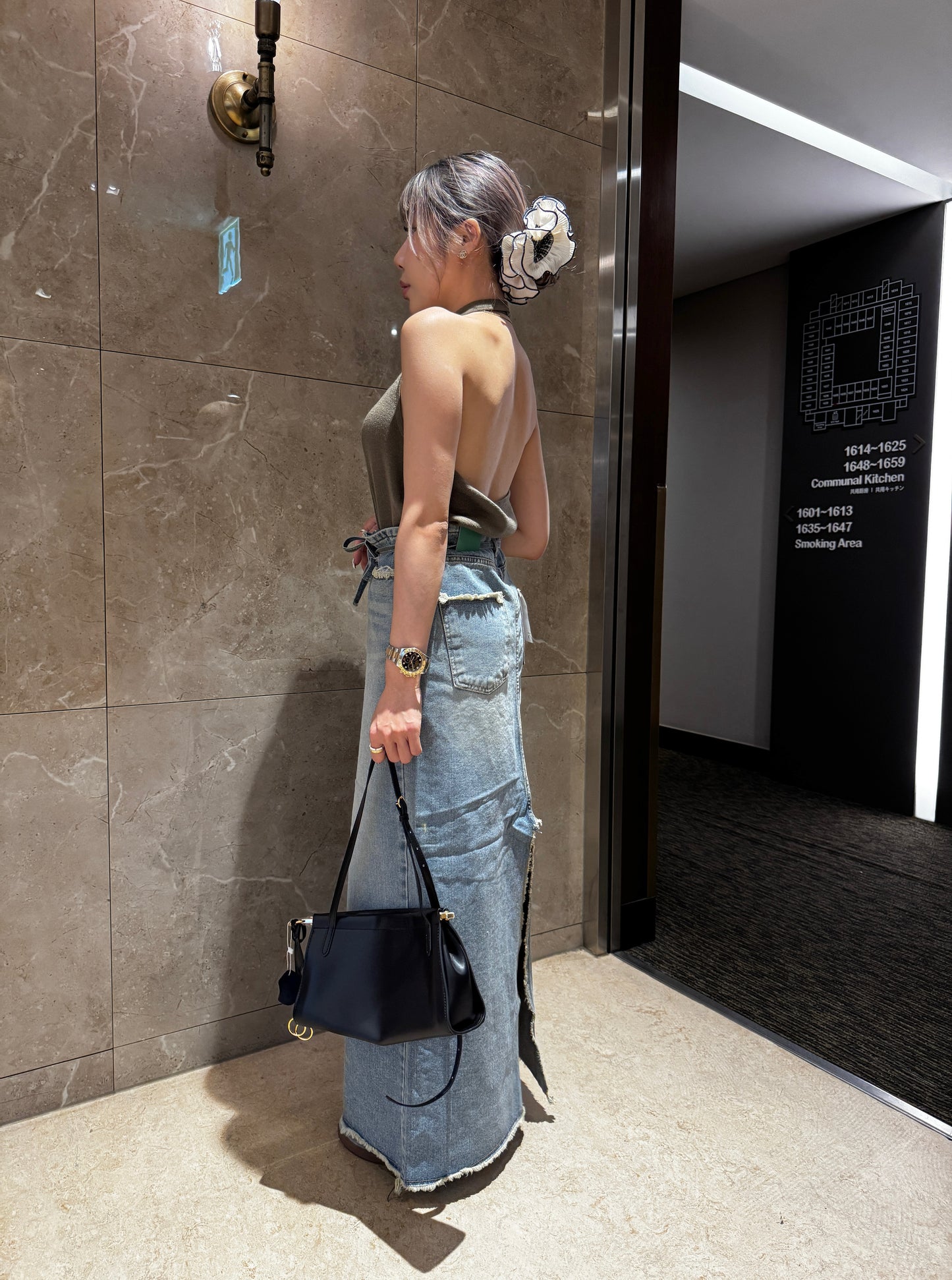 洗水後開叉連腰繩牛仔長裙 ( S/M )