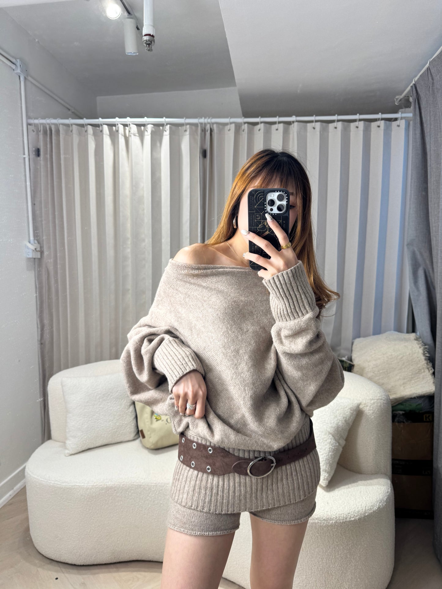 泡泡領冷上衣+短褲套裝SET ( 灰/杏 )