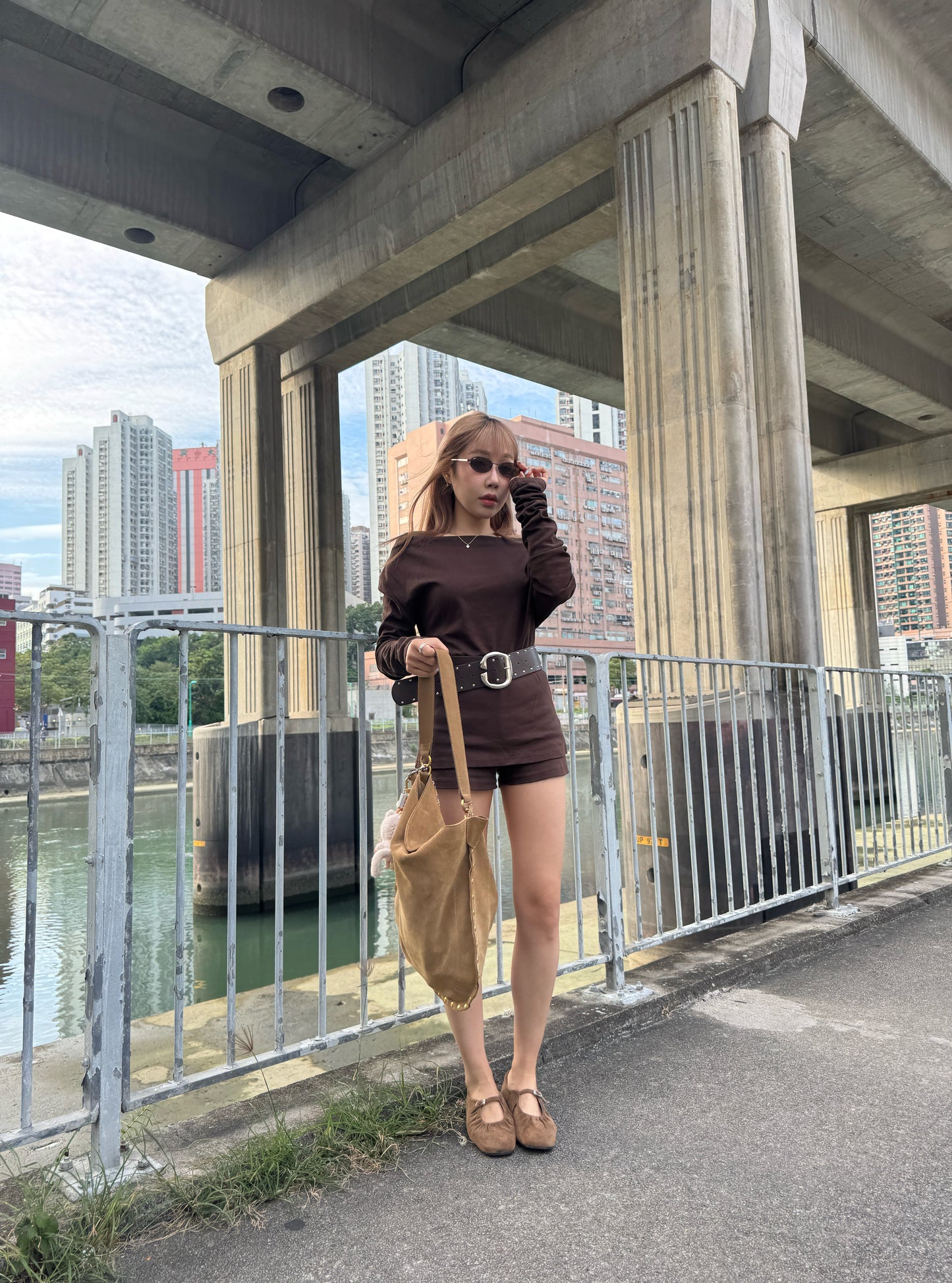 連皮帶棉質上衣 + 裙褲套裝 ( 黑/深啡 )