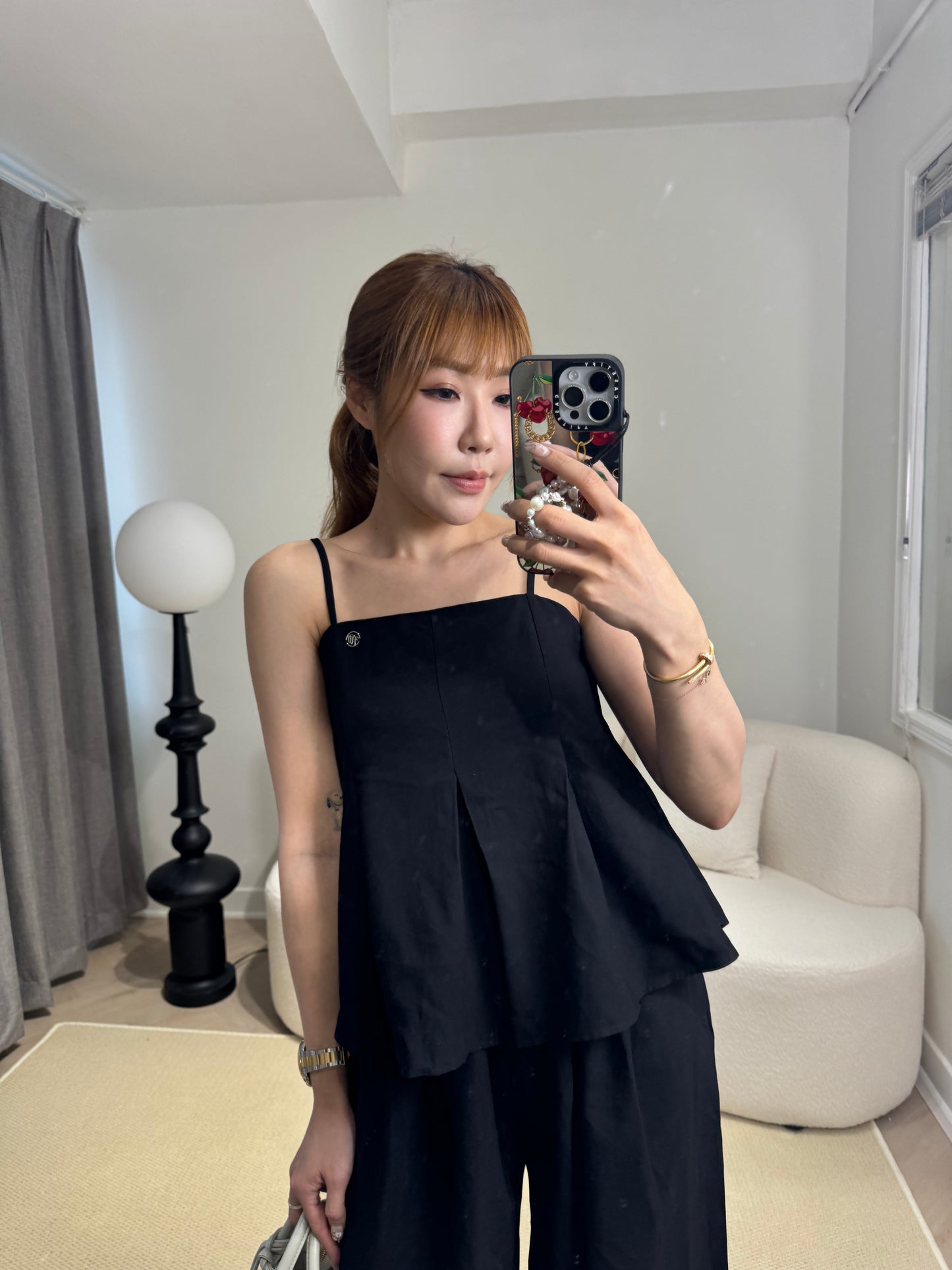 挺棉麻背心長褲套裝 ( 黑/米白 )