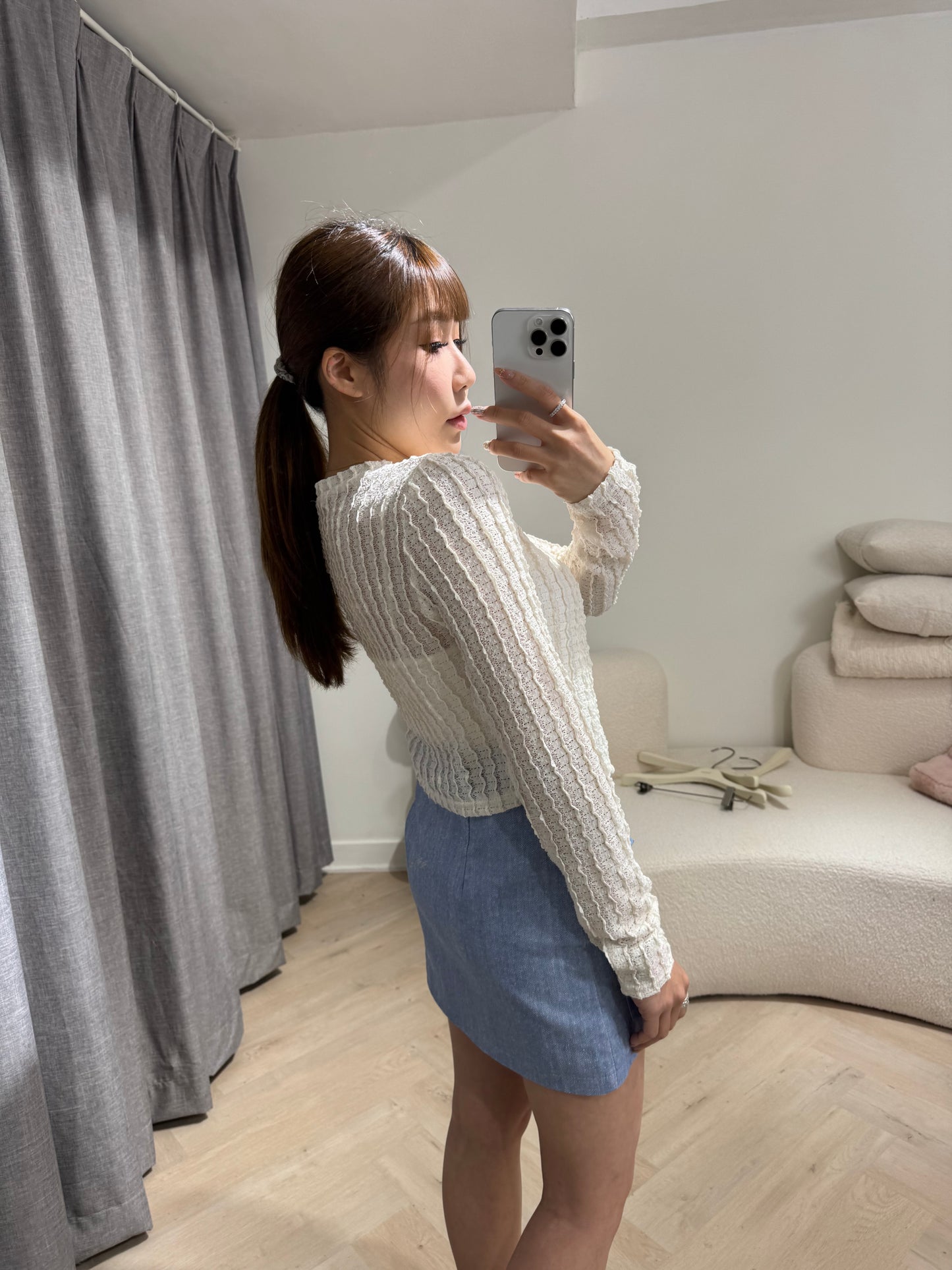 雙扣有口袋短裙褲 ( 米/藍 )