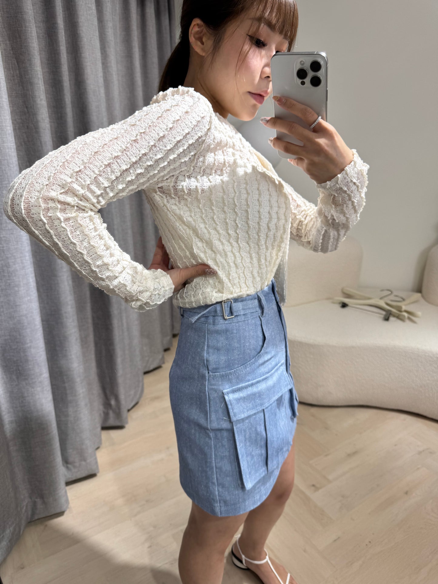 雙扣有口袋短裙褲 ( 米/藍 )