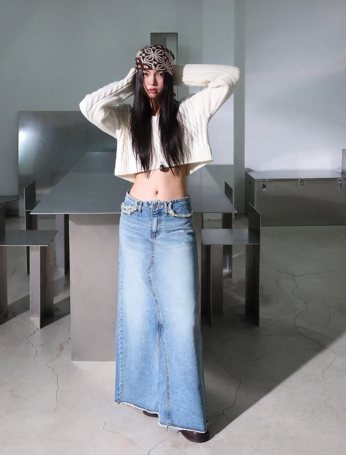 洗水後開叉連腰繩牛仔長裙 ( S/M )