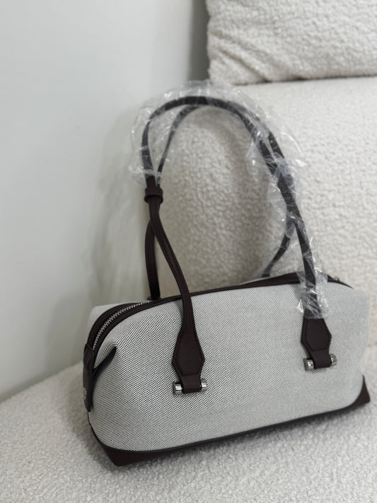 挺帆布皮底長手袋 ( 深啡/黑 )