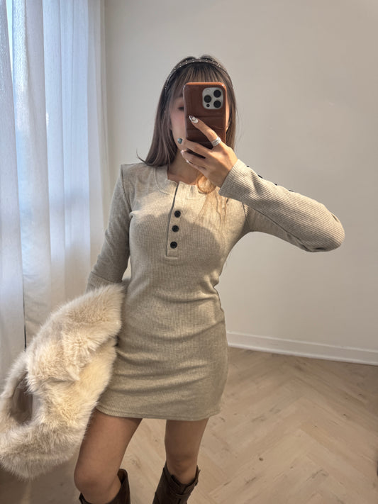 黑鈕暗直紋彈性連衣裙 ( 黑/米 )