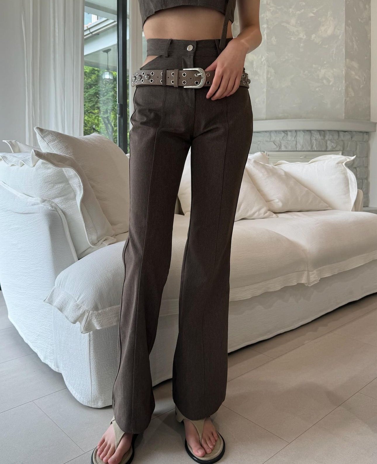 兩旁鏤空長褲 ( 啡/灰 ) S/M