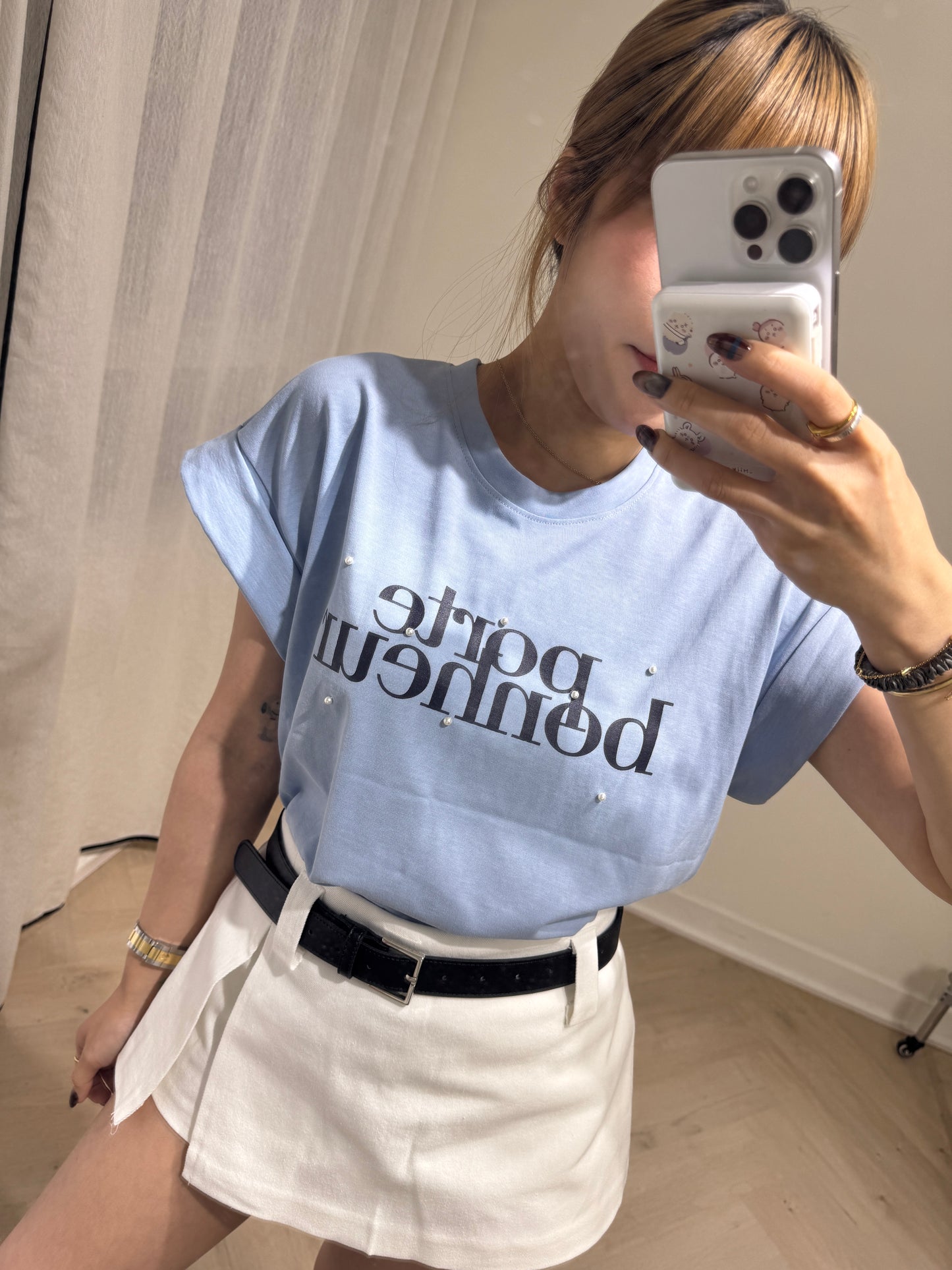 珍珠摺袖文字TEE ( 米/藍 )
