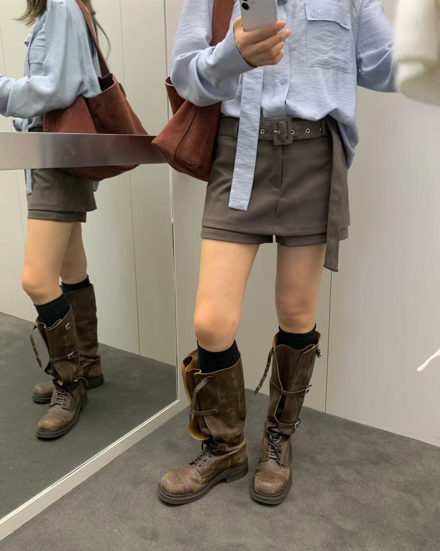 連腰帶絨面裙褲 ( 深灰/深啡 )