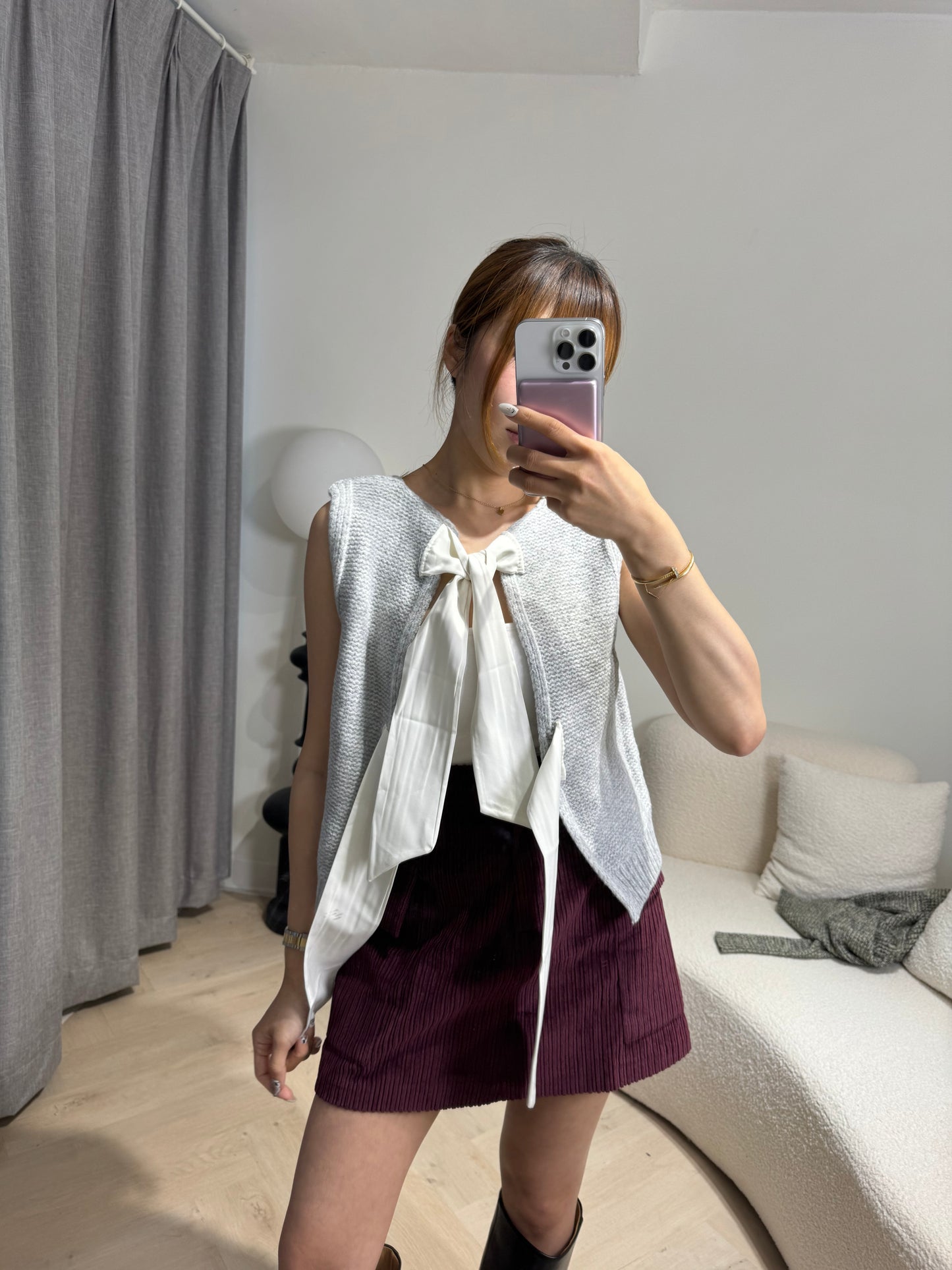 綁蝴蝶背心冷外套 ( 寶藍/灰 )