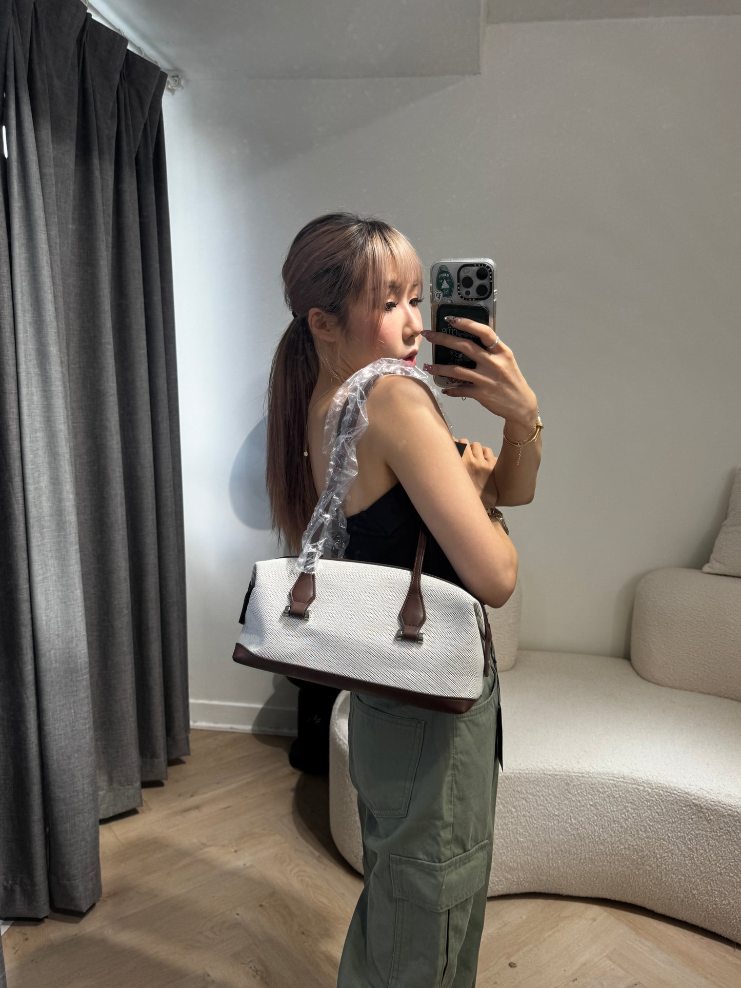 挺帆布皮底長手袋 ( 深啡/黑 )