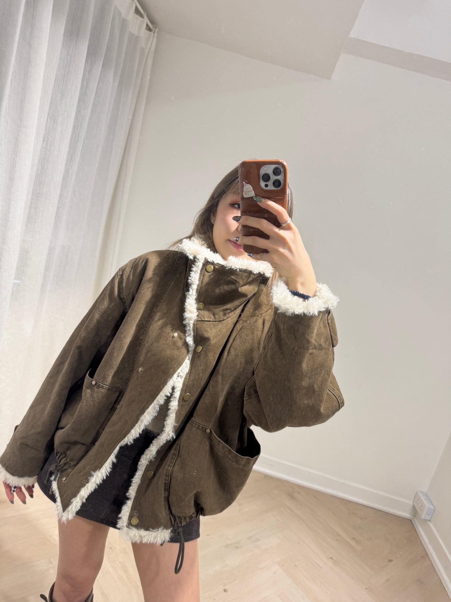 大反領毛毛洗水外套 ( 灰綠/啡 )