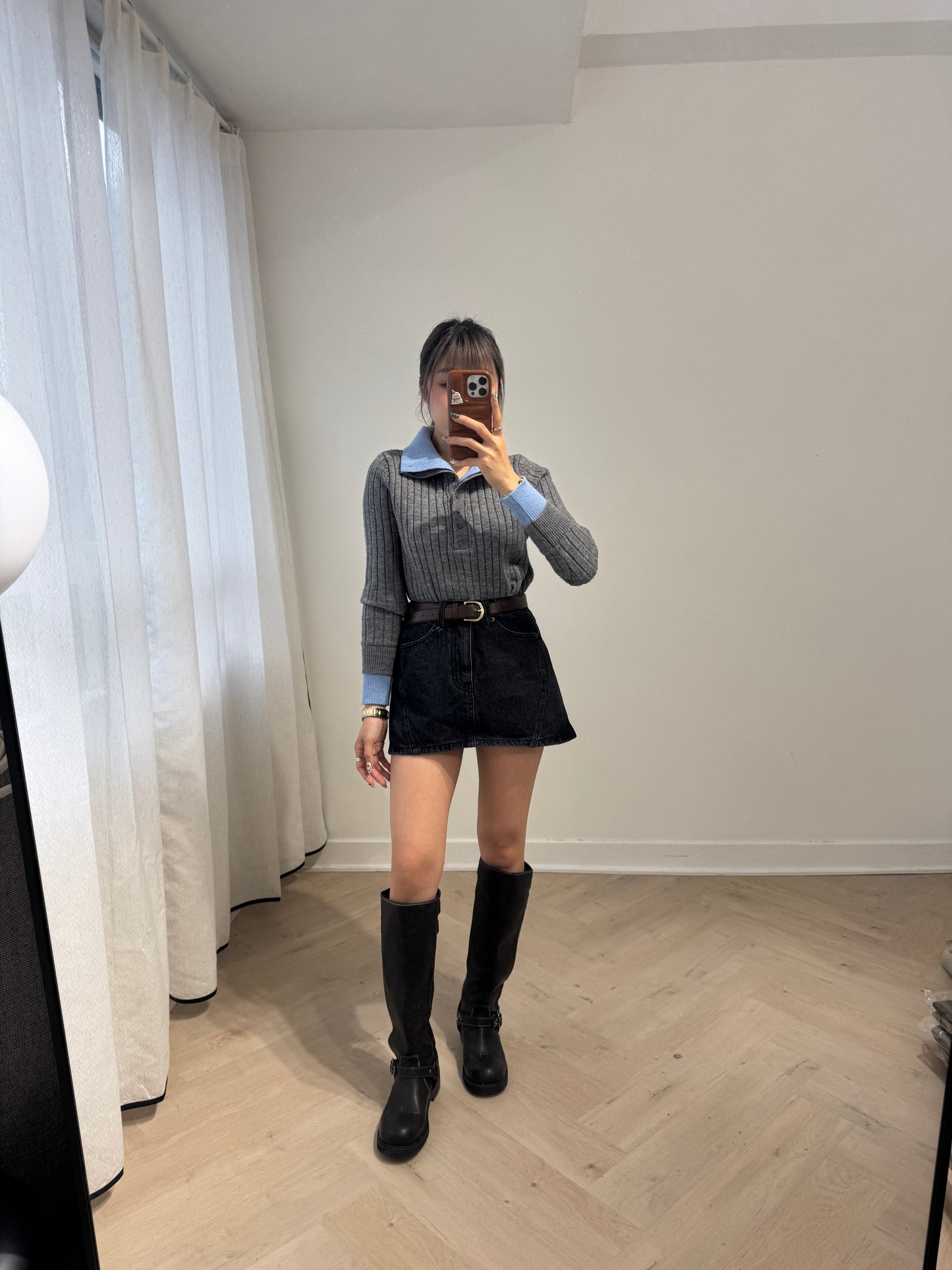 藍併灰直紋假兩件上衣