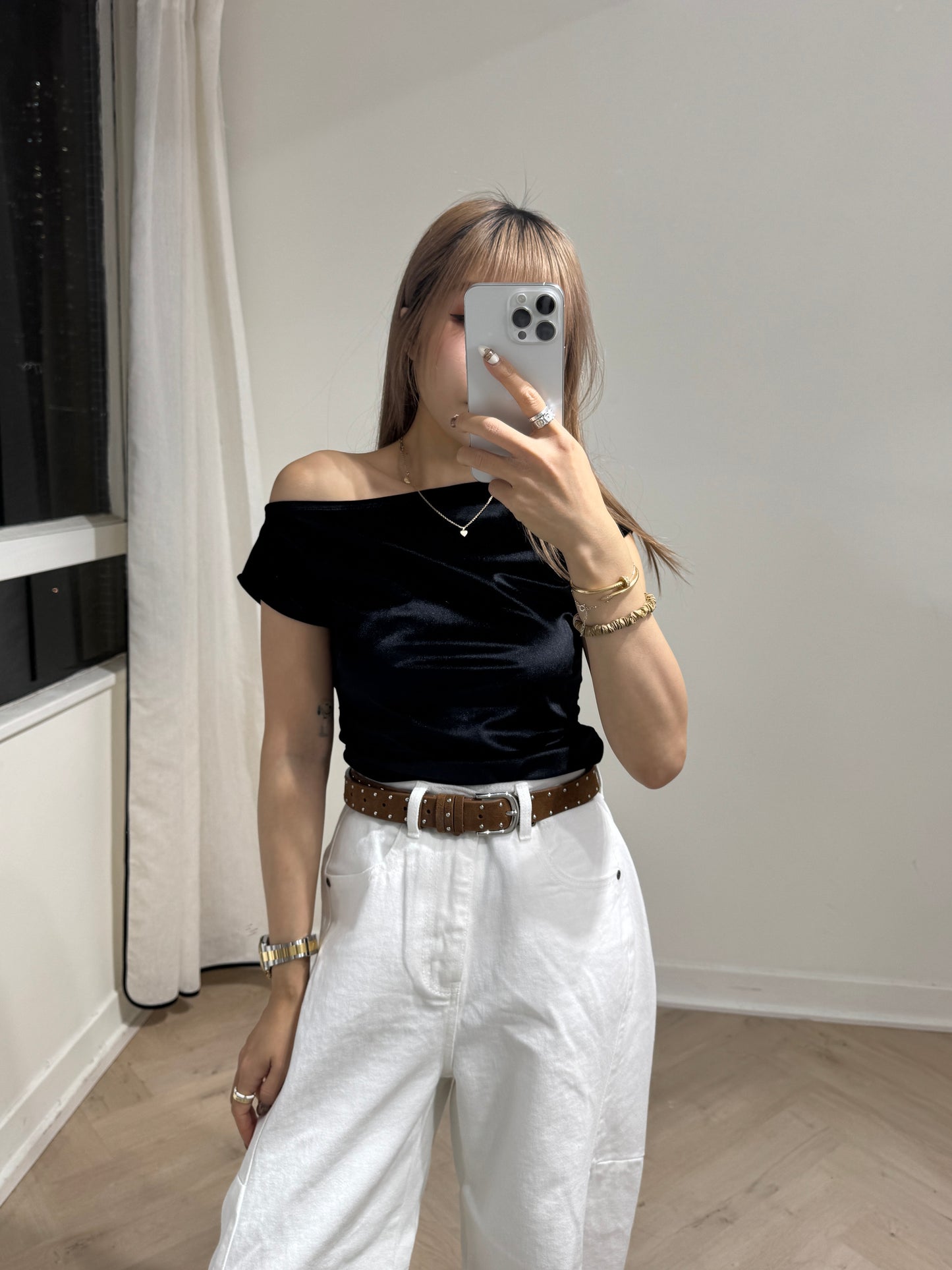 絲絨斜膊上衣 ( 粉/黑 )