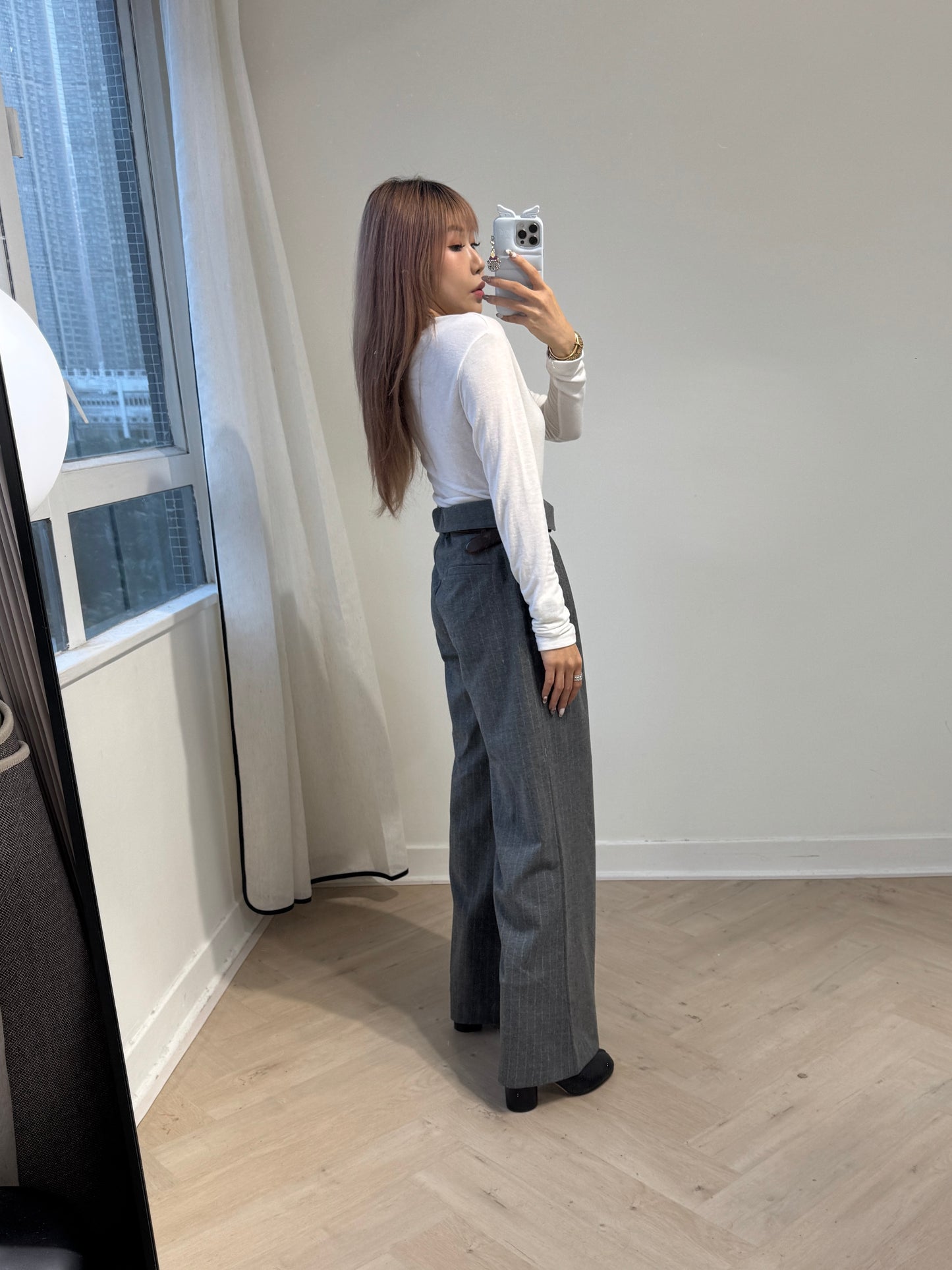 鈕扣薄料上衣 ( 深灰/白/粉 )