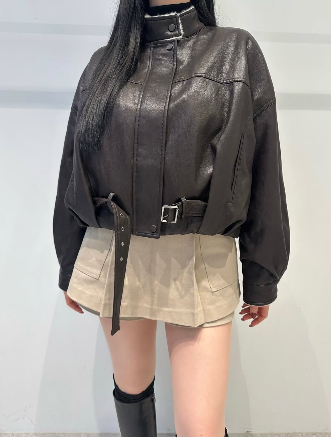 仿皮毛毛BIKER外套 ( 黑/深啡 )