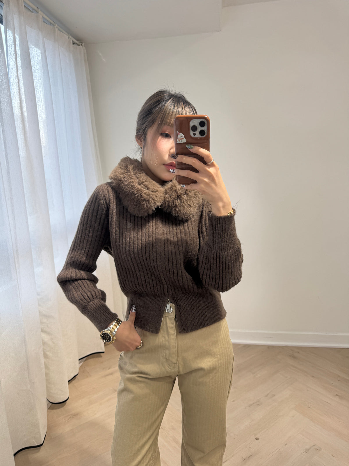 滑毛毛領拉鍊外套 ( 杏/灰/啡 )
