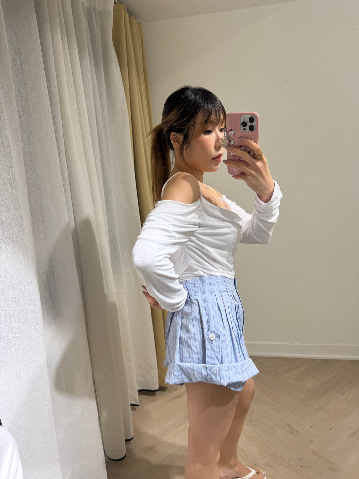 直紋反摺短褲 ( 杏/藍/啡 )