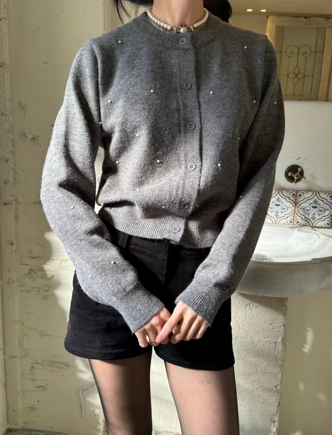 細珍珠外套 ( 黑/灰 )