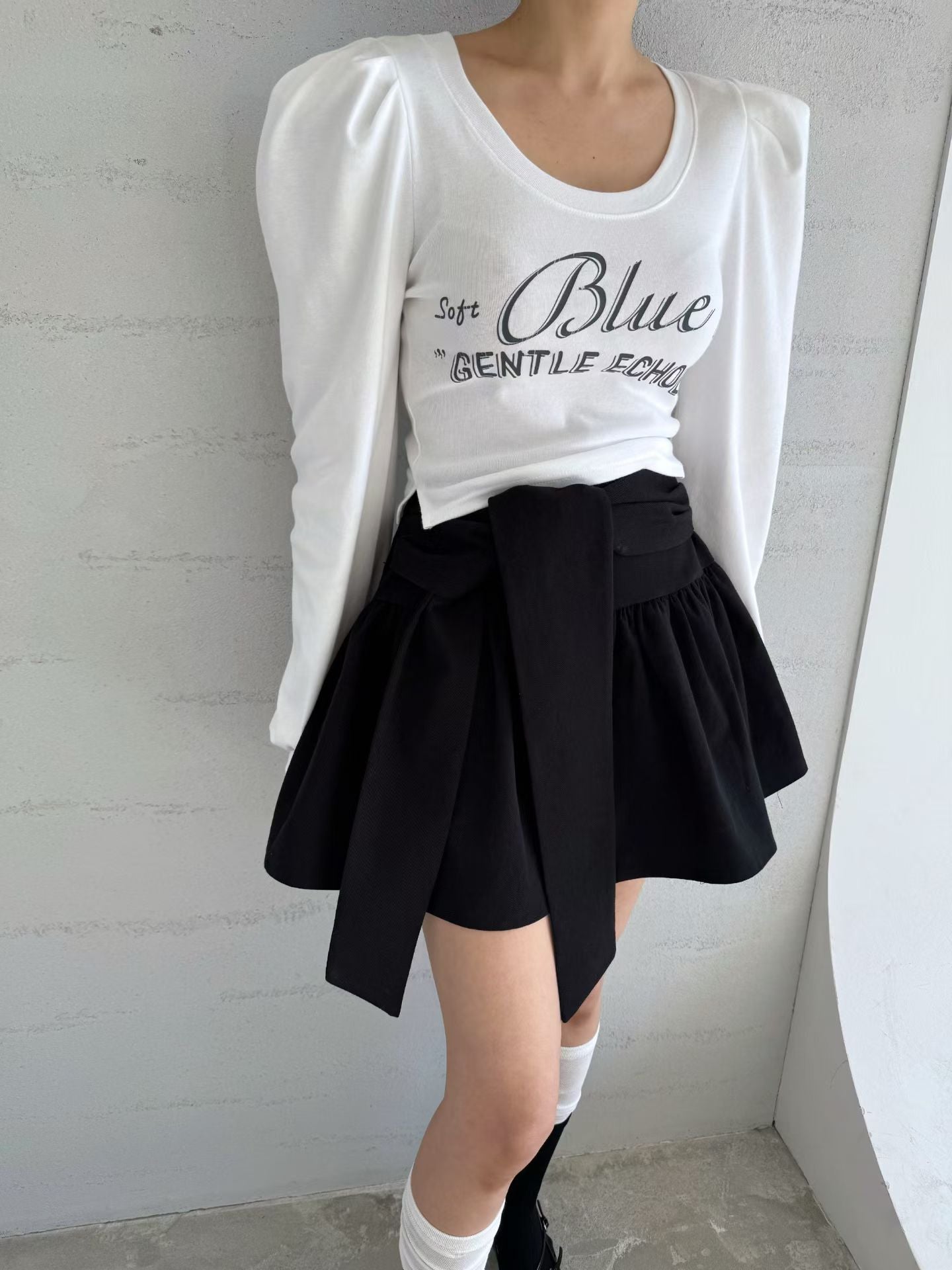 綁結傘形短裙 ( 黑/杏 )