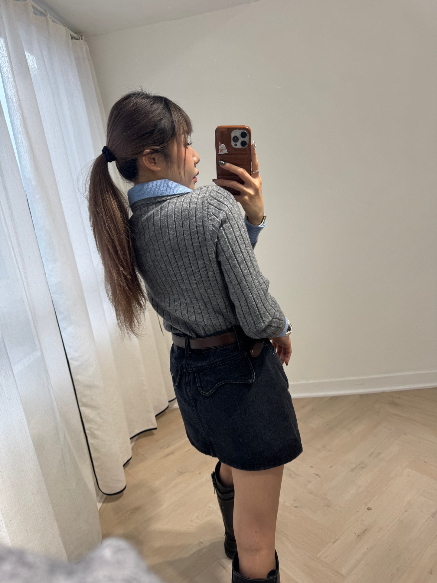 藍併灰直紋假兩件上衣