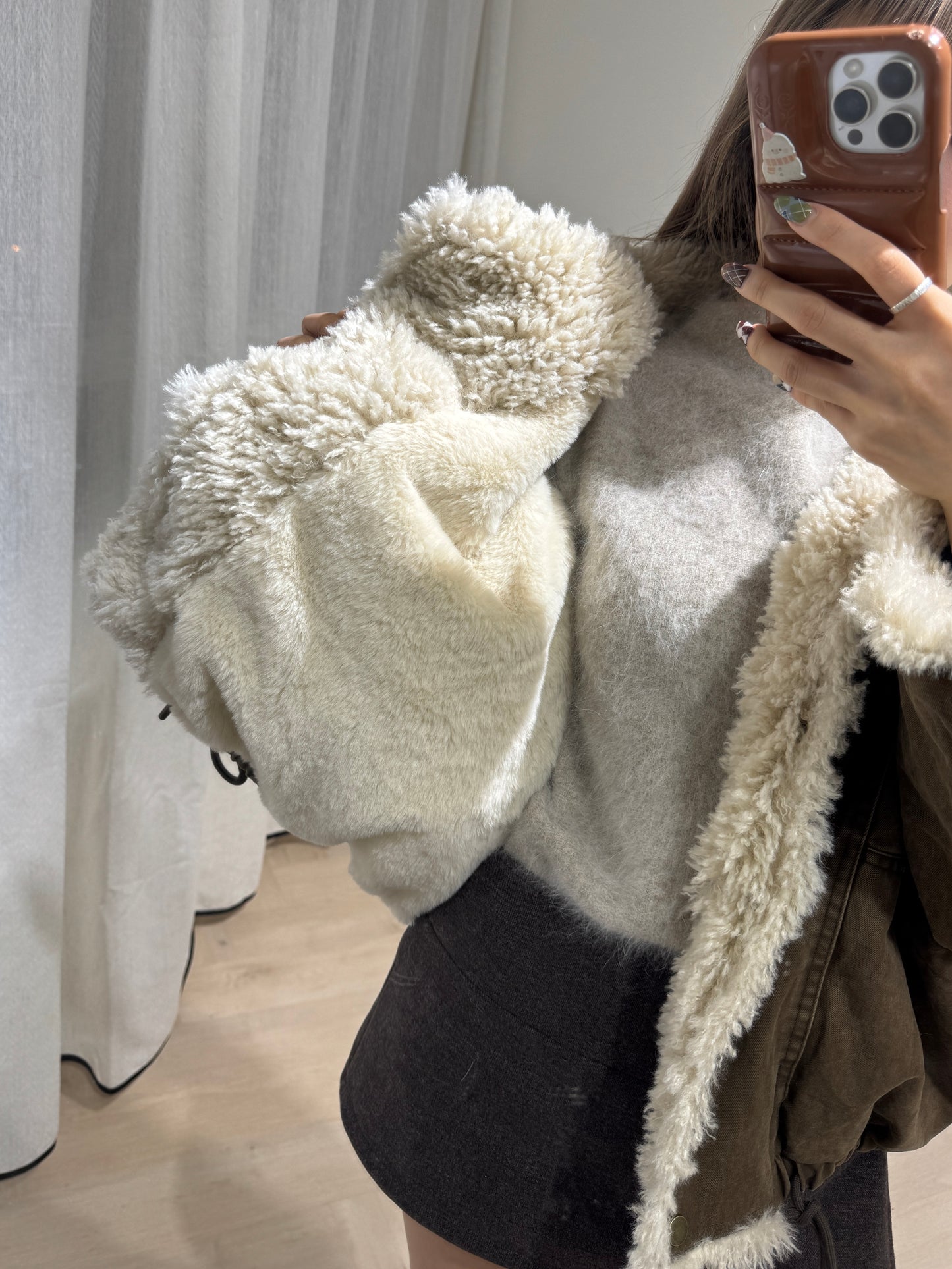 大反領毛毛洗水外套 ( 灰綠/啡 )