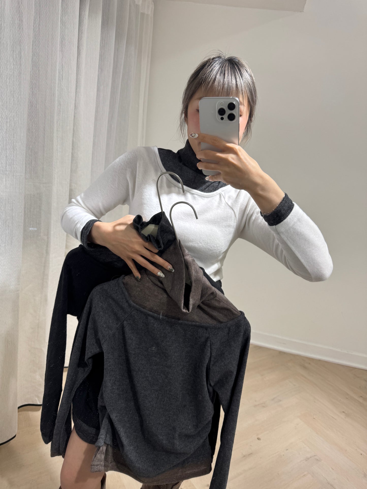 假兩件拼色樽領上衣 ( 黑白/啡灰/黑灰 )