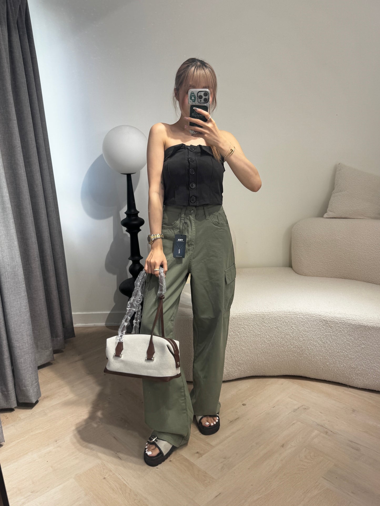 挺帆布皮底長手袋 ( 深啡/黑 )