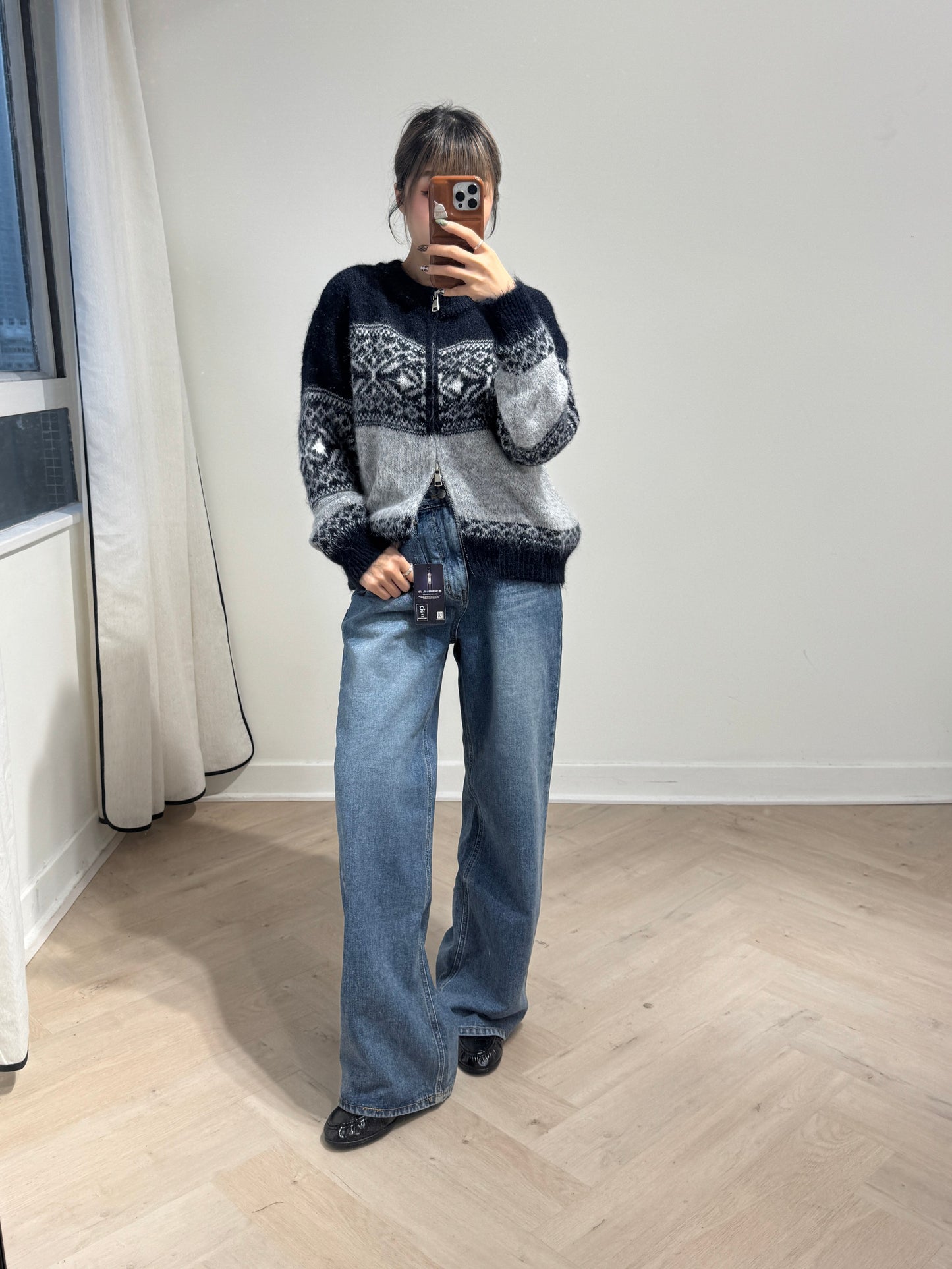 灰併寶藍雪花拉鍊外套