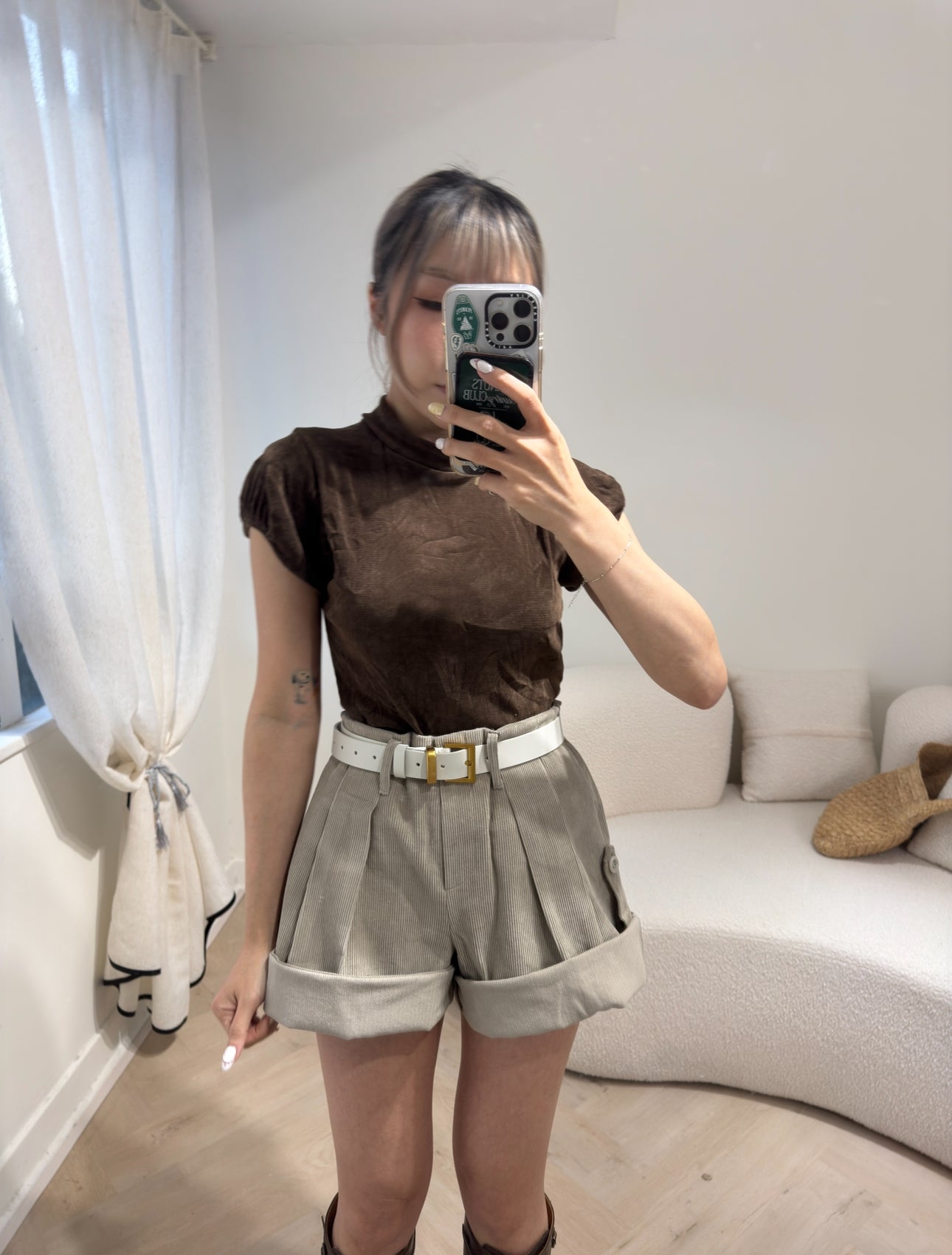 燈芯絨可反摺短褲 ( 米杏/深灰 )