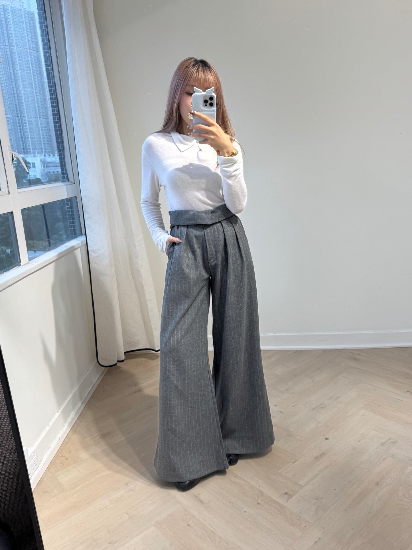 鈕扣薄料上衣 ( 深灰/白/粉 )